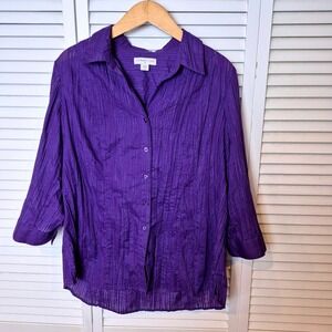 Coldwater Creek Button Down Top Roll Tab‎ Sleeve Purple Blouse Shirt 1X Gauzy